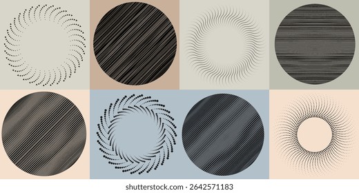 Lines and dots in Circle Form .Rotate rounded shape Vector Illustration .Rotating dots form a circle .Rotating design element . Various lines forming round shape . Abstract Geometric line art .
