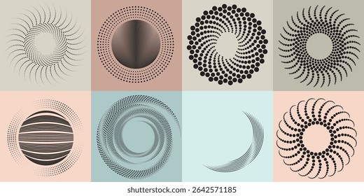 Lines and dots in Circle Form .Rotate rounded shape Vector Illustration .Rotating dots form a circle .Rotating design element . Various lines forming round shape . Abstract Geometric line art .
