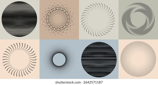 Lines and dots in Circle Form .Rotate rounded shape Vector Illustration .Rotating dots form a circle .Rotating design element . Various lines forming round shape . Abstract Geometric line art .
