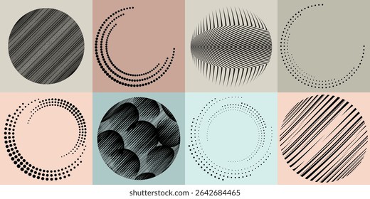 Lines and dots in Circle Form .Rotate rounded shape Vector Illustration .Rotating dots form a circle .Rotating design element . Various lines forming round shape . Abstract Geometric line art .
