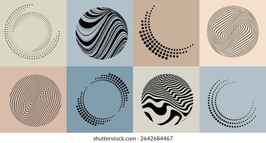Lines and dots in Circle Form .Rotate rounded shape Vector Illustration .Rotating dots form a circle .Rotating design element . Various lines forming round shape . Abstract Geometric line art .
