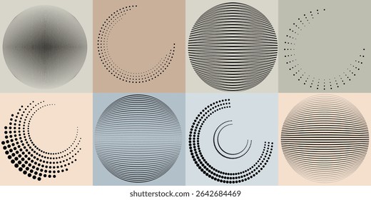 Lines and dots in Circle Form .Rotate rounded shape Vector Illustration .Rotating dots form a circle .Rotating design element . Various lines forming round shape . Abstract Geometric line art .
