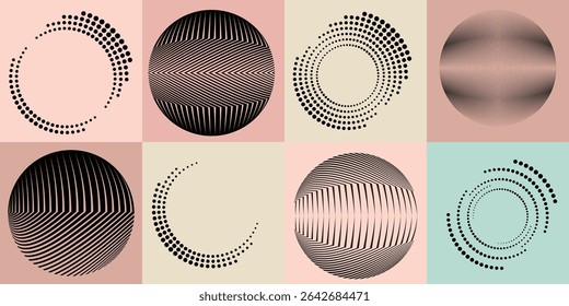 Lines and dots in Circle Form .Rotate rounded shape Vector Illustration .Rotating dots form a circle .Rotating design element . Various lines forming round shape . Abstract Geometric line art .
