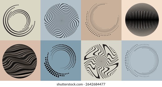 Lines and dots in Circle Form .Rotate rounded shape Vector Illustration .Rotating dots form a circle .Rotating design element . Various lines forming round shape . Abstract Geometric line art .

