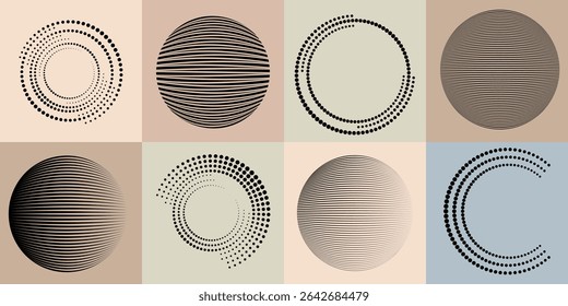 Lines and dots in Circle Form .Rotate rounded shape Vector Illustration .Rotating dots form a circle .Rotating design element . Various lines forming round shape . Abstract Geometric line art .
