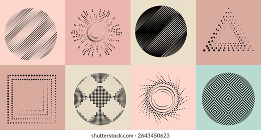 Lines and dots in Circle Form .Rotate rounded shape Vector Illustration .Rotating dots form a circle .Rotating design element . Various lines forming round shape . Abstract Geometric line art .
