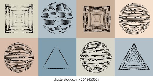 Lines and dots in Circle Form .Rotate rounded shape Vector Illustration .Rotating dots form a circle .Rotating design element . Various lines forming round shape . Abstract Geometric line art .
