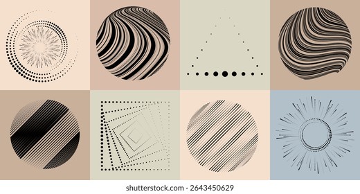 Lines and dots in Circle Form .Rotate rounded shape Vector Illustration .Rotating dots form a circle .Rotating design element . Various lines forming round shape . Abstract Geometric line art .
