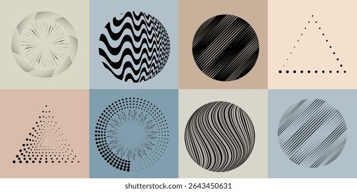Lines and dots in Circle Form .Rotate rounded shape Vector Illustration .Rotating dots form a circle .Rotating design element . Various lines forming round shape . Abstract Geometric line art .
