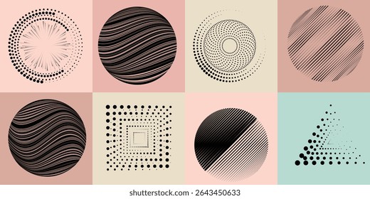 Lines and dots in Circle Form .Rotate rounded shape Vector Illustration .Rotating dots form a circle .Rotating design element . Various lines forming round shape . Abstract Geometric line art .
