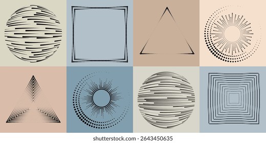Lines and dots in Circle Form .Rotate rounded shape Vector Illustration .Rotating dots form a circle .Rotating design element . Various lines forming round shape . Abstract Geometric line art .
