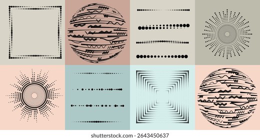 Lines and dots in Circle Form .Rotate rounded shape Vector Illustration .Rotating dots form a circle .Rotating design element . Various lines forming round shape . Abstract Geometric line art .
