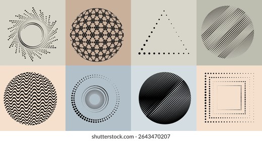 Lines and dots in Circle Form .Rotate rounded shape Vector Illustration .Rotating dots form a circle .Rotating design element . Various lines forming round shape . Abstract Geometric line art .

