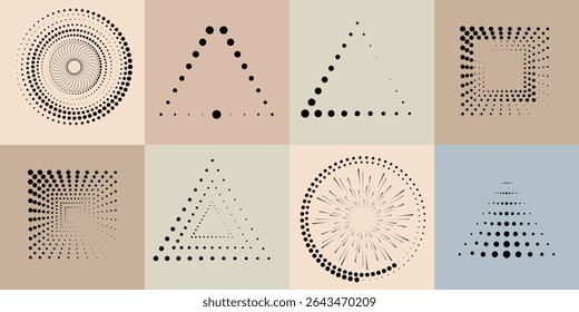 Lines and dots in Circle Form .Rotate rounded shape Vector Illustration .Rotating dots form a circle .Rotating design element . Various lines forming round shape . Abstract Geometric line art .
