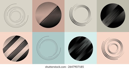 Lines and dots in Circle Form .Rotate rounded shape Vector Illustration .Rotating dots form a circle .Rotating design element . Various lines forming round shape . Abstract Geometric line art .
