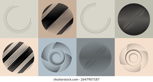 Lines and dots in Circle Form .Rotate rounded shape Vector Illustration .Rotating dots form a circle .Rotating design element . Various lines forming round shape . Abstract Geometric line art .
