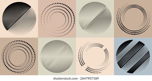 Lines and dots in Circle Form .Rotate rounded shape Vector Illustration .Rotating dots form a circle .Rotating design element . Various lines forming round shape . Abstract Geometric line art .

