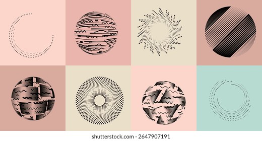Lines and dots in Circle Form .Rotate rounded shape Vector Illustration .Rotating dots form a circle .Rotating design element . Various lines forming round shape . Abstract Geometric line art .
