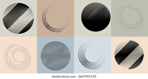 Lines and dots in Circle Form .Rotate rounded shape Vector Illustration .Rotating dots form a circle .Rotating design element . Various lines forming round shape . Abstract Geometric line art .
