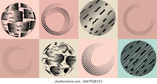 Lines and dots in Circle Form .Rotate rounded shape Vector Illustration .Rotating dots form a circle .Rotating design element . Various lines forming round shape . Abstract Geometric line art .
