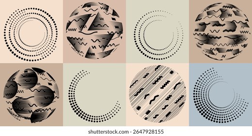 Lines and dots in Circle Form .Rotate rounded shape Vector Illustration .Rotating dots form a circle .Rotating design element . Various lines forming round shape . Abstract Geometric line art .
