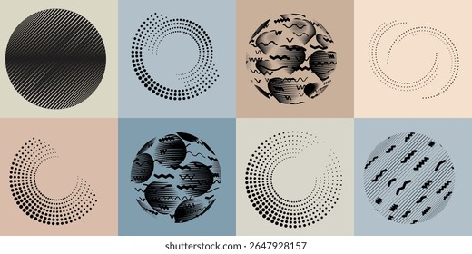 Lines and dots in Circle Form .Rotate rounded shape Vector Illustration .Rotating dots form a circle .Rotating design element . Various lines forming round shape . Abstract Geometric line art .
