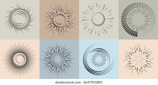 Lines and dots in Circle Form .Rotate rounded shape Vector Illustration .Rotating dots form a circle .Rotating design element . Various lines forming round shape . Abstract Geometric line art .
