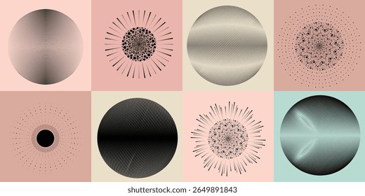 Lines and dots in Circle Form .Rotate rounded shape Vector Illustration .Rotating dots form a circle .Rotating design element . Various lines forming round shape . Abstract Geometric line art .

