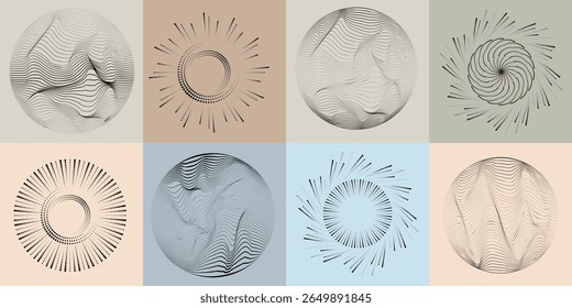 Linhas e pontos em forma de círculo .Girar forma arredondada Ilustração de vetor .Girar pontos formam um círculo .Girar elemento de design . Várias linhas formando forma redonda . Arte de linha geométrica abstrata .
