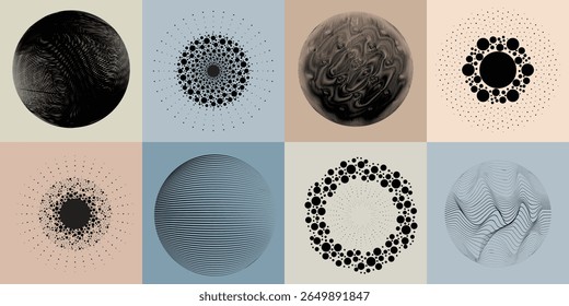 Lines and dots in Circle Form .Rotate rounded shape Vector Illustration .Rotating dots form a circle .Rotating design element . Various lines forming round shape . Abstract Geometric line art .
