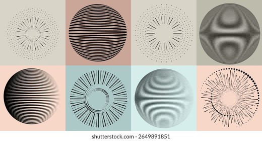 Lines and dots in Circle Form .Rotate rounded shape Vector Illustration .Rotating dots form a circle .Rotating design element . Various lines forming round shape . Abstract Geometric line art .
