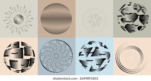Lines and dots in Circle Form .Rotate rounded shape Vector Illustration .Rotating dots form a circle .Rotating design element . Various lines forming round shape . Abstract Geometric line art .

