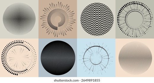 Lines and dots in Circle Form .Rotate rounded shape Vector Illustration .Rotating dots form a circle .Rotating design element . Various lines forming round shape . Abstract Geometric line art .
