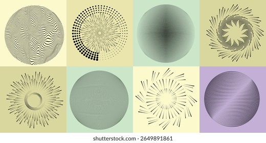 Lines and dots in Circle Form .Rotate rounded shape Vector Illustration .Rotating dots form a circle .Rotating design element . Various lines forming round shape . Abstract Geometric line art .
