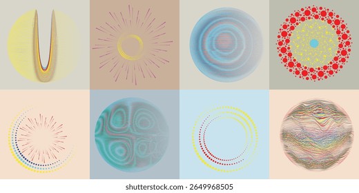 Lines and dots in Circle Form .Rotate rounded shape Vector Illustration .Rotating dots form a circle .Rotating design element . Various lines forming round shape . Abstract Geometric line art .
