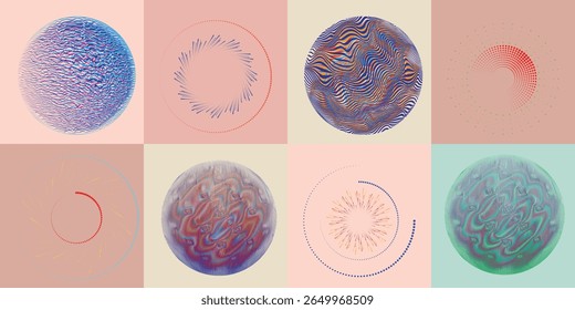 Lines and dots in Circle Form .Rotate rounded shape Vector Illustration .Rotating dots form a circle .Rotating design element . Various lines forming round shape . Abstract Geometric line art .
