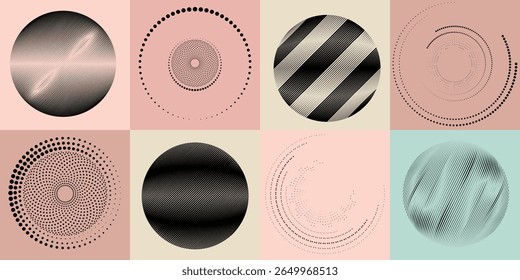 Lines and dots in Circle Form .Rotate rounded shape Vector Illustration .Rotating dots form a circle .Rotating design element . Various lines forming round shape . Abstract Geometric line art .
