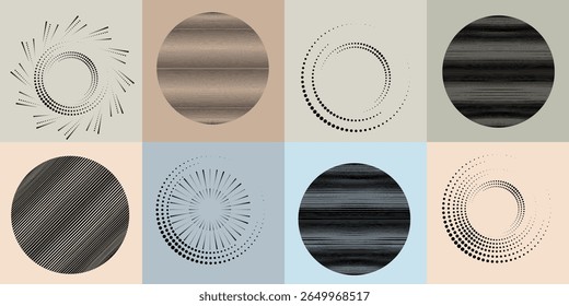 Lines and dots in Circle Form .Rotate rounded shape Vector Illustration .Rotating dots form a circle .Rotating design element . Various lines forming round shape . Abstract Geometric line art .
