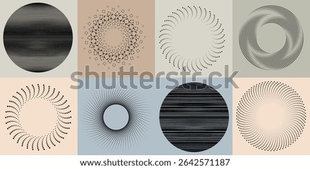 Lines and dots in Circle Form .Rotate rounded shape Vector Illustration .Rotating dots form a circle .Rotating design element . Various lines forming round shape . Abstract Geometric line art .
