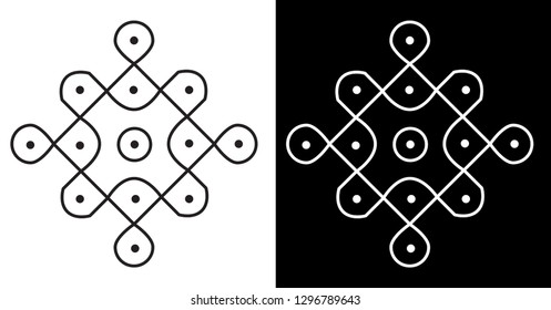 Lines, dots and Circles - Indian traditional and simple Rangoli, Alpona, Kolam or Paisley Vector line art with dark and White Background