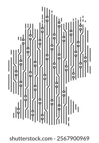 Lines and dots creating a circuit board in the shape of the German map, symbolizing technological advancement