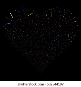 Lines And Dots fireworks with heart shape. Vector illustration style is flat bright multicolored iconic symbols on a black background. Object heart constructed from confetti icons.