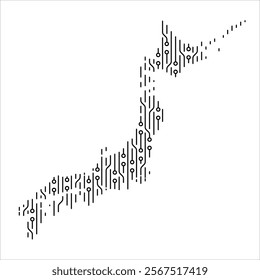 Lines and dots forming an electronic circuit board representing Japan, symbolizing technology, innovation, and connectivity