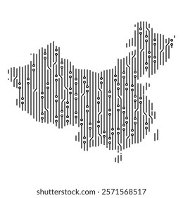 Lines and dots forming an electronic circuit board in the shape of china map, representing technology, innovation and industry