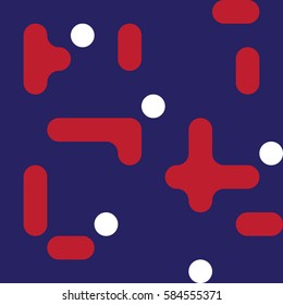 Lines and dots pattern seamless simple flat design for fabric dark blue background and white and red elements. Vector illustration.