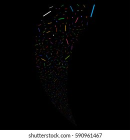 Lines And Dots random fireworks stream. Vector illustration style is flat bright multicolored iconic symbols on a black background. Object fountain constructed from scattered symbols.