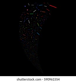 Lines And Dots random fireworks stream. Vector illustration style is flat bright multicolored iconic symbols on a black background. Object fountain done from scattered pictographs.