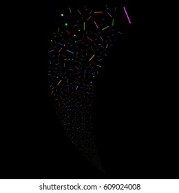 Lines And Dots random fireworks stream. Vector illustration style is flat bright multicolored iconic symbols on a black background. Object fountain made from scattered design elements.