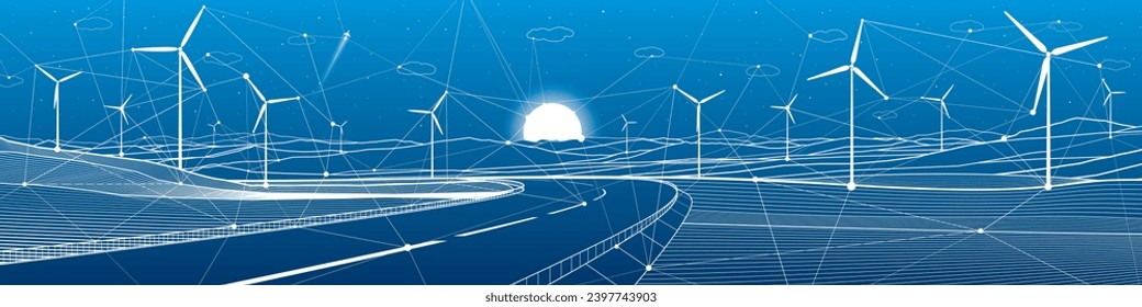 Lines and dots. Technological illustration. Highway in mountains. Windmills power. Sunset behind the rocks. Night scene. White outlines on blue background. Vector design art