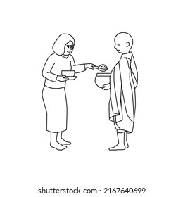 Lines drawing of monk offering food and offerings from women which is a Buddhist tradition of making merit, vector illustration and design.